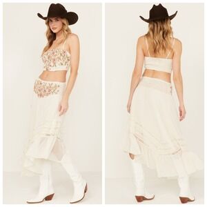 NEW Free People Augusta asymmetric‎ hem embroidered midi skirt Size XS western